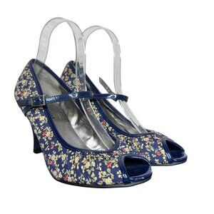 Madden Girl "Mollyyy" Blue Floral Peep Toe Mary Janes, 3" Heel, Size 8